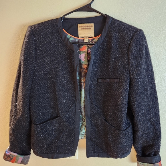 Ted Baker Wool Floral Satin Embellished Sparkle Blazer Jacket Size 12 - Picture 2 of 9